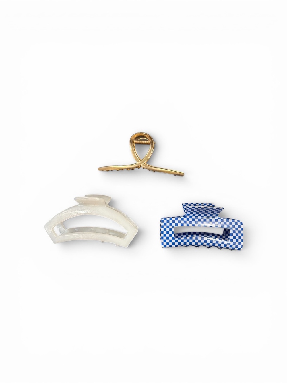 Set of 3 Hair Clips - white teleties- large, blue/white checkered, gold metal